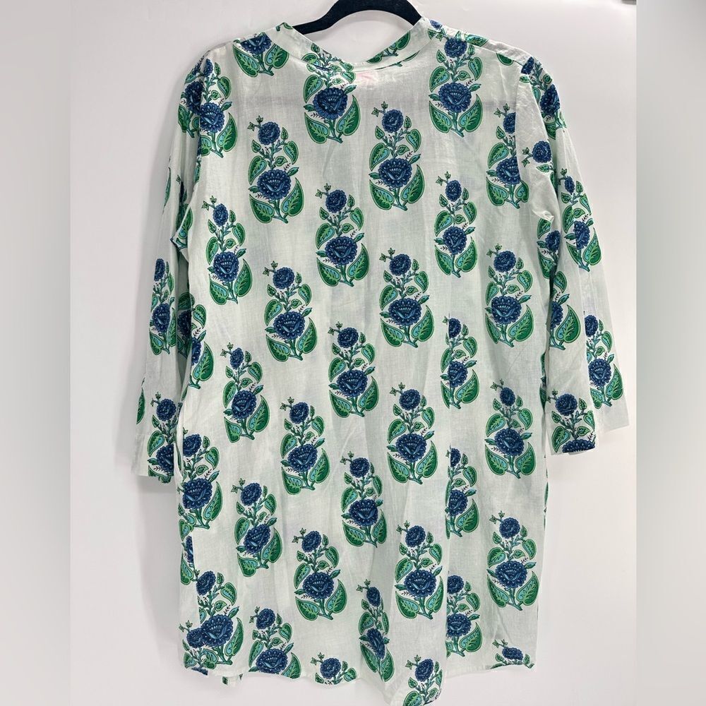 Mary Marshmallow Tunic Dress Green Blue Floral Button Down 100% Cotton Size XS - Picture 3 of 5